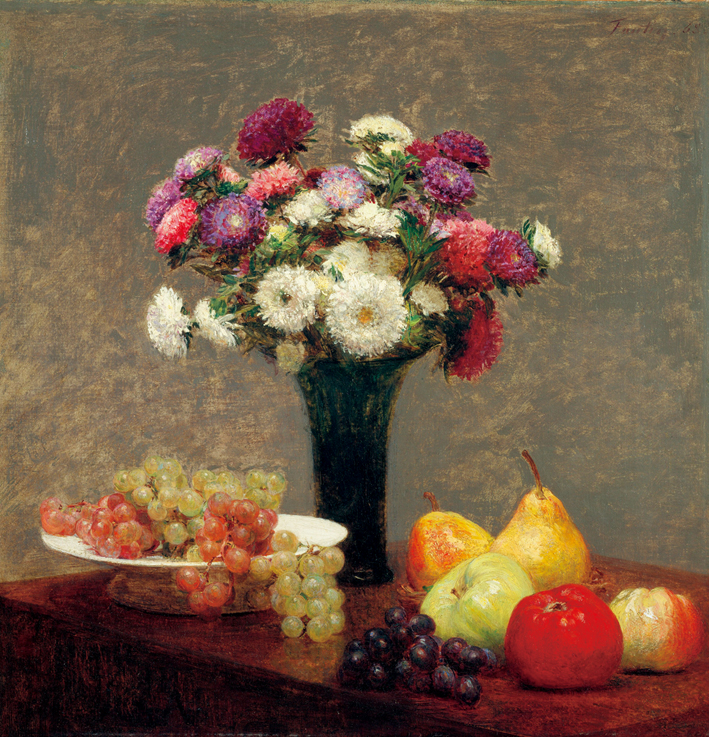  方丹·拉图尔 Fantin-Latour 桌上的紫苑花和水果 Asters and Fruit on a Table